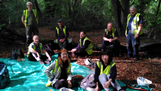 A group of volunteers in various age and background smiling at the camera in forest setting