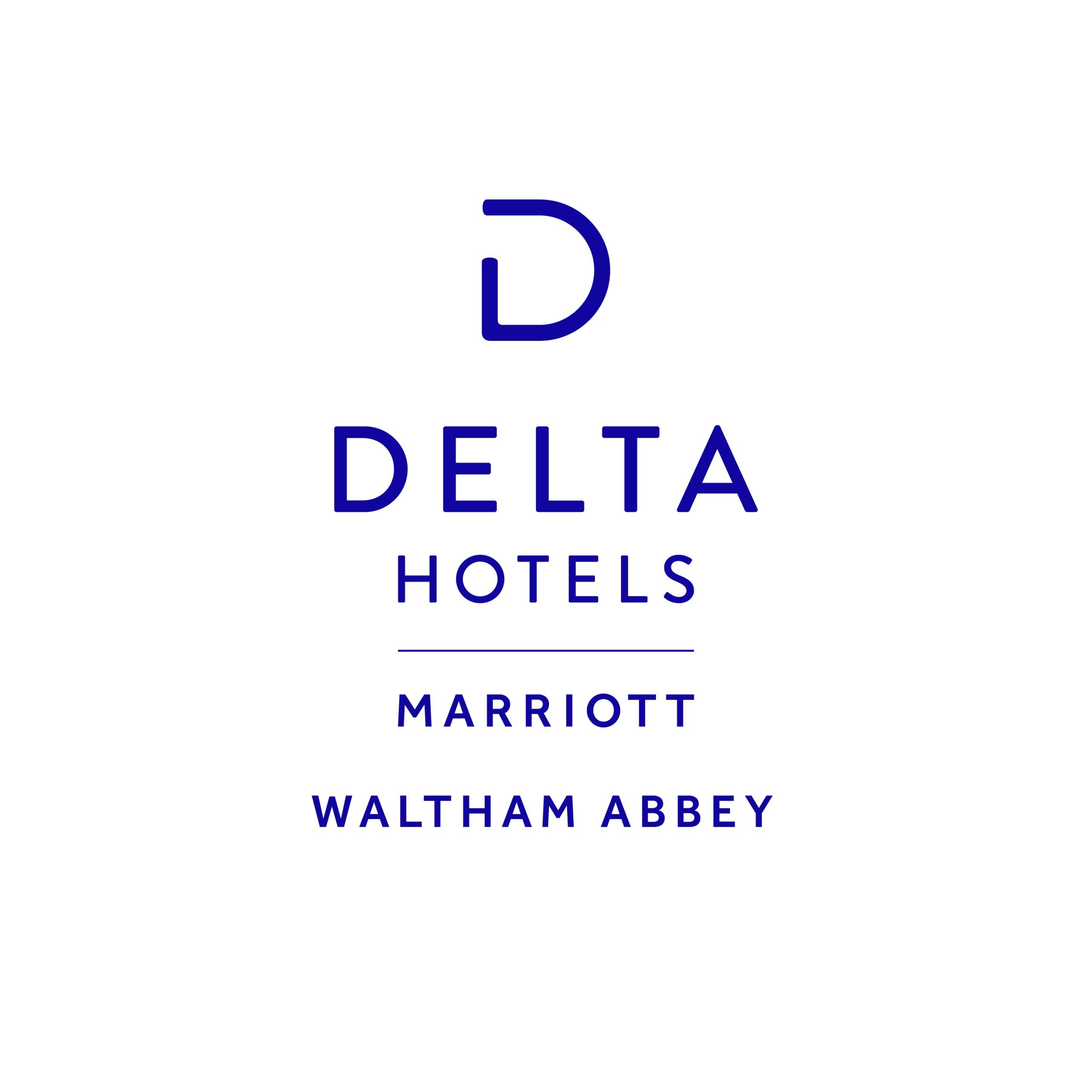 Delta Hotels by Marriott Waltham Abbey logo displayed in blue on a white background, featuring a stylised “D” symbol above the words “DELTA HOTELS,” “MARRIOTT,” and “WALTHAM ABBEY.”