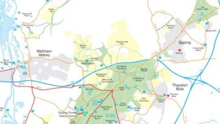 Map showing the Epping Forest area and surrounding towns, including Waltham Abbey, Epping and Theydon Bois. A highlighted green corridor marks Epping Forest and adjacent buffer land, with roads, parks and local landmarks labelled throughout the map.