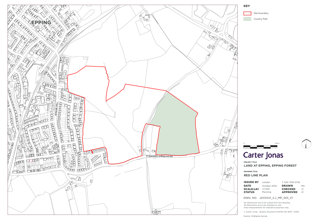 Red line plan for Land at Epping, Epping Forest, showing the site boundary outlined in red on a detailed map of the surrounding area. The site comprises several connected parcels of open land located to the east of existing residential development in Epping.</p>
<p>he site extends north and east from Stewards Green Road, which runs along the southern edge of the plan. Established residential neighbourhoods, including The Orchards and adjacent housing areas, are shown to the west, with streets, property plots, and buildings illustrated in grey. Open fields, rural tracks, and scattered buildings surround the site to the north and east.</p>
<p>The plan is labelled “Red Line Plan” for the project “Land at Epping, Epping Forest” and was prepared by Carter Jonas. Additional map elements include a north arrow, scale bar, drawing references, and an Ordnance Survey base map.