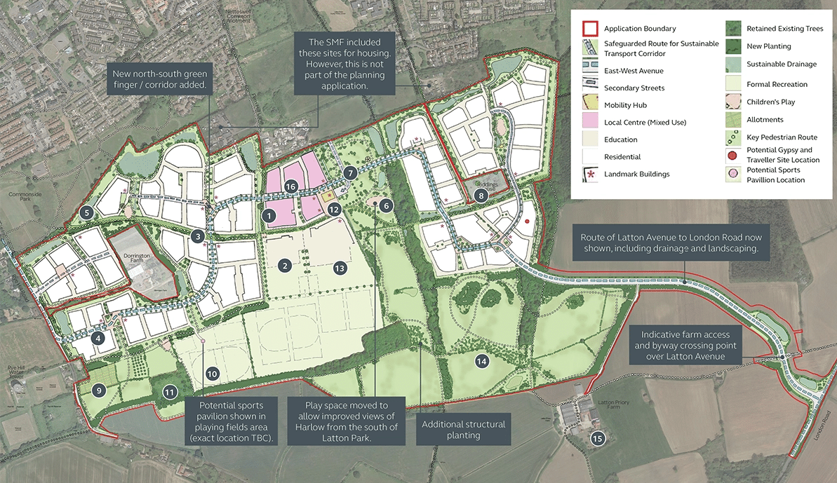 Illustrative masterplan map of Latton Priory showing a proposed mixed-use housing development, roads, green corridors, open space, play and sports areas, drainage features, and landscaping within a defined site boundary, with a transport corridor and key routes connecting the development to surrounding areas.