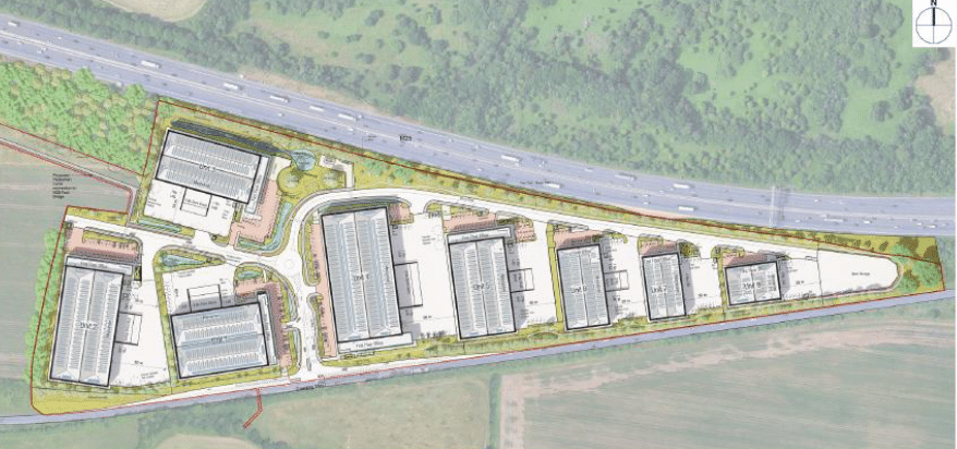 Proposed site layout plan shown for Land North of A121 Dowding Way, Waltham Abbey, Essex EN9 3AA from an overhead perspective.  </p>
<p>The site boundary is outlined in red and enclosed by extensive green landscape buffers, especially adjacent to the road corridor and surrounding countryside. Existing woodland and vegetation are shown beyond the northern boundary, while large open fields extend to the south.<br />
