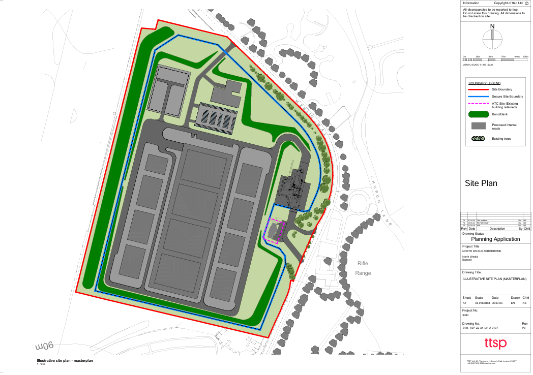 Illustrative site masterplan for a proposed development at North Weald Airfield, showing a large, enclosed site boundary outlined in red. The plan is organized around a network of internal roads shown in dark grey, serving multiple rectangular development plots arranged in a grid-like layout across the centre of the site.</p>
<p>The drawing title block identifies the scheme as “Illustrative Site Plan (Masterplan)” for a planning application at North Weald Aerodrome, prepared by ttsp. A legend explains the site boundary, secure boundary, demolition area, bunded landscape edge, proposed internal roads, and existing trees. A north arrow and scale bar are also provided.