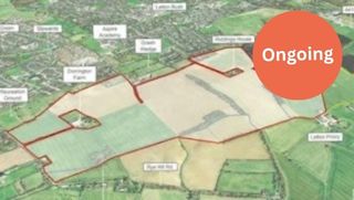 Aerial map of the Latton Priory development site showing outlined land parcels, proposed development areas, surrounding countryside, and an “Ongoing” status marker.